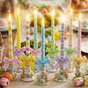 Lounsweer 10 Pcs Easter Flameless Taper Candles 10.8 Inch LED Candles Spring Bunny Flickering Flameless Striped Candlestick for Home Dinner Table Gifts Garden Party Decoration