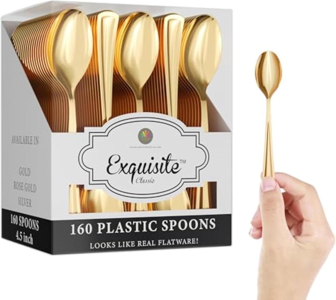 Exquisite Gold Plastic Tea Spoons Heavy Duty 160 Pieces Gold Plastic Silverware Heavy Duty Disposable Silverware Set, Disposable Tea Spoons Eating Utensils Sets Flatware Set For Parties & Events