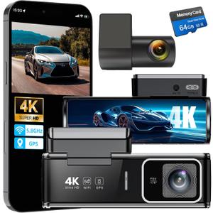 4K+1080P Dash Cam Front and Rear,Dual Dash Camera for Cars with 5.8GHz WiFi GPS,Night Vision,Mini Dash Cam with 3.59" IPS Screen,24H Parking Mode,G-Sensor,Loop Recording,64GB SD Card Included