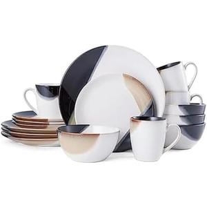 Gourmet Basics by Mikasa Caden 16-Piece Stoneware Dinnerware Set — Service for 4, Reactive Glaze, Black/ Tan & White Finish, Microwave & Dishwasher Safe, Everyday & Formal Use