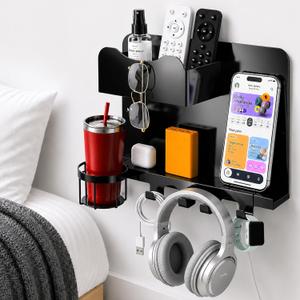Metal Bedside Wall Shelf, No Drill Floating Bedside Shelf Wall Organizer | Bedside Wall Shelf with Detachable Cup Holder for Bedroom, Dorm, Nightstand Alternative, Bunk Bed Accessories & RV Storage