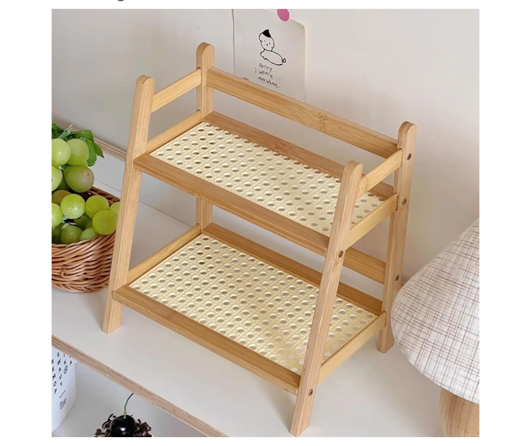 Household 2-Tier Cup Shelf Organizater,Cupboard Cabinet Coffee Mug Cup Stemware Cup Storage Drain Rack,Bamboo Flower Shelf Bookshelf,Bedroom Kitchen Organizer Shelves (11"(Natural))