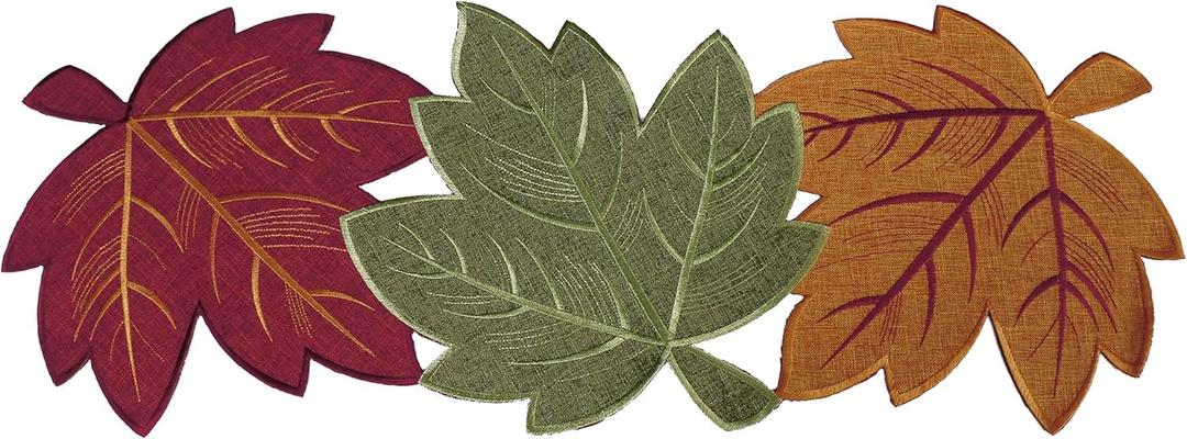 OWENIE Thanksgiving Leaves Table Runners, Fall Decor for Home, 13 Inch x 36 Inch, Embroidered Harvest Maple Leaf Decoration for Autumn, Farmhouse Centerpieces with Applique Red Green Orange Leaves