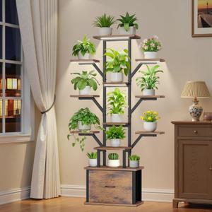 Plant Stand Indoor with Grow Lights - 12 Tiered Metal Plant Shelf with Drawer, 65" Large Plant Stand for Indoor Plants, Holds 16 Plant Pots, Flower Holder Plant Rack for Living room, Patio, Bedroom
