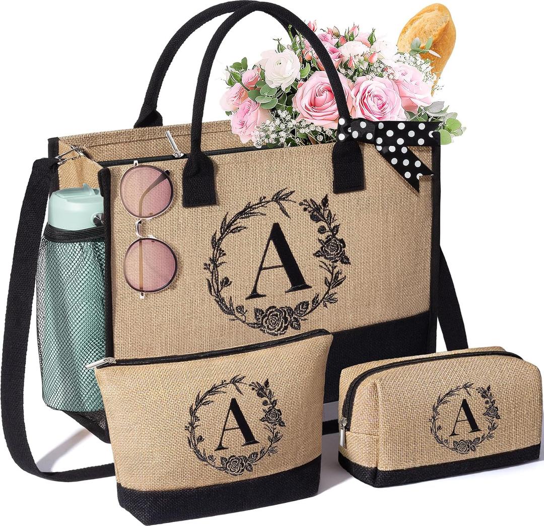 Personalized Christmas Gifts for Women Tote Bag, Initial Jute Tote Bag & Makeup Bags Monogrammed Beach Bag w/Zipper, Holiday Birthday Gifts for Women Her Friend Mom Daughter Sister Girlfriend Teacher