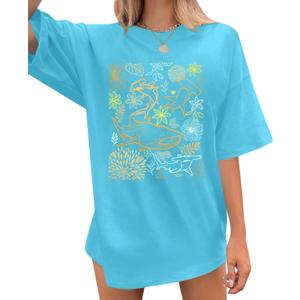 Shark Oversized Shirt Women Shark Lover Gifts Tee Sea World Shirts Trendy Summer Vacation Short Sleeve Tops (Small, Blue)