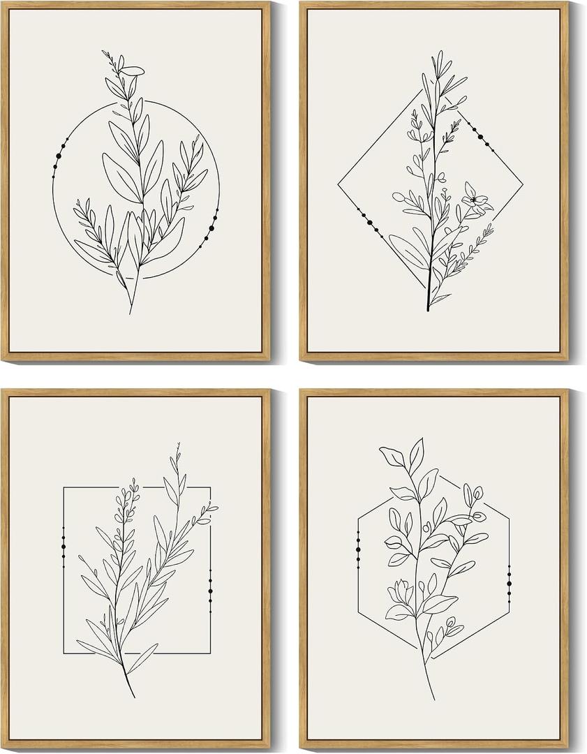 Drsoum Botanical Flower Boho Framed Wall Art Wooded Minimalist Aesthetic Floral Prints Farmhouse Retro Plants Rustic Bathroom Kitchen Home Decor Ready to Hang 11x14inx4pcs (Natural Framed)