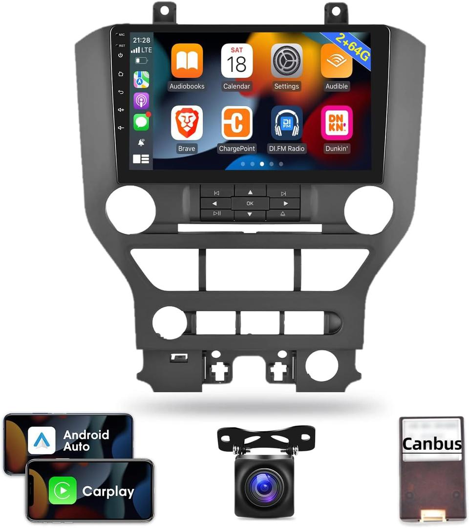 [2G+64G] Car Radio for Ford Mustang 2015-2020 (Adapts to 3 Buttons Only), 9 inch Android 13 Touch Screen Car Stereo, Carplay/Android Auto/1080P/Hi-Fi Audio/Bluetooth +AHD Backup Camera+MIC