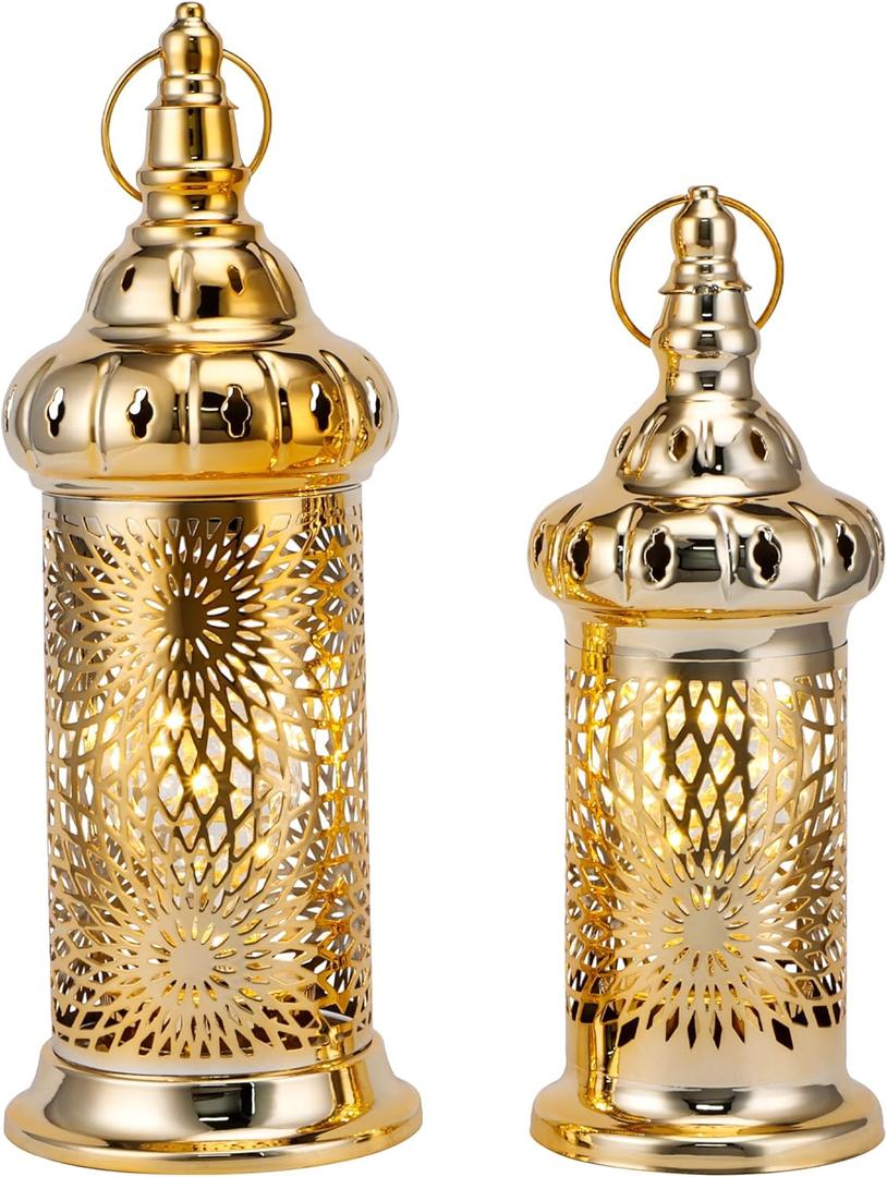 TRIROCKS Ramadan Lanterns Set of 2 10" &12.5" Gold Electric Candle Holders with Timer, Metal Decorative Vintage Lanterns for Indoor/Outdoor Decor, Perfect EID Mubarak Gift