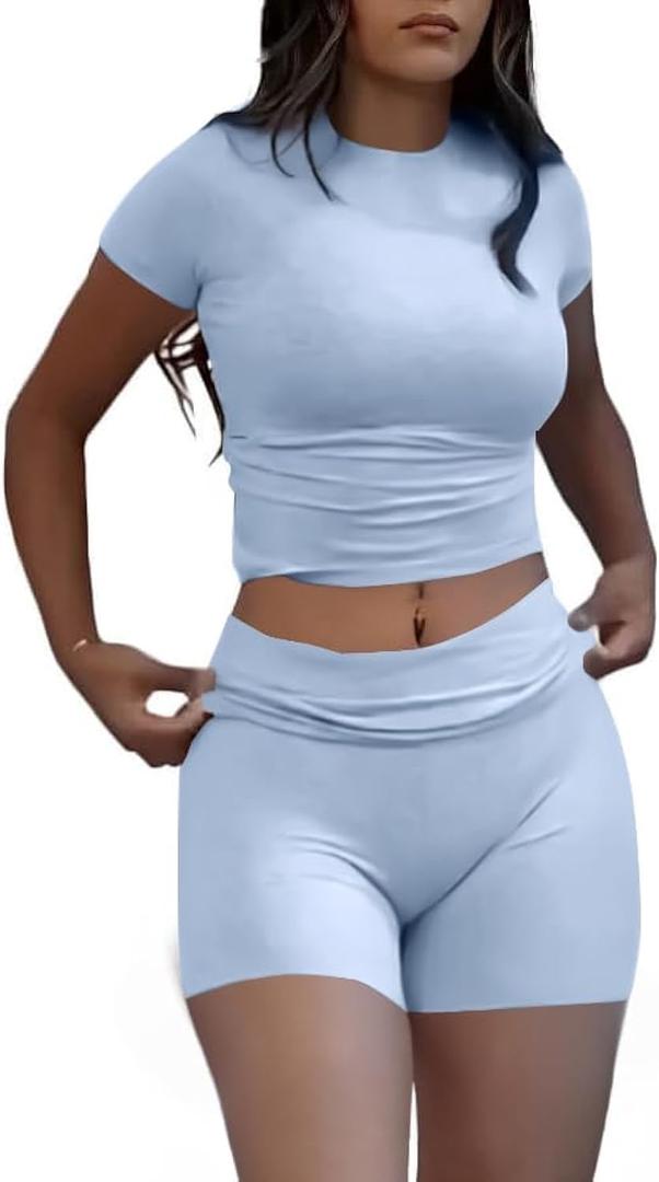 AYWA Women's Two Piece Sets Summer Slim Fitted Short Sleeve Tops Foldover Shorts Matching Lounge Sets (Haza Blue, Small) AYWA Women's Two Piece Sets Summer Slim Fitted Short Sleeve Tops Foldover Shorts Matching Lounge Sets (Haza Blue, Small)