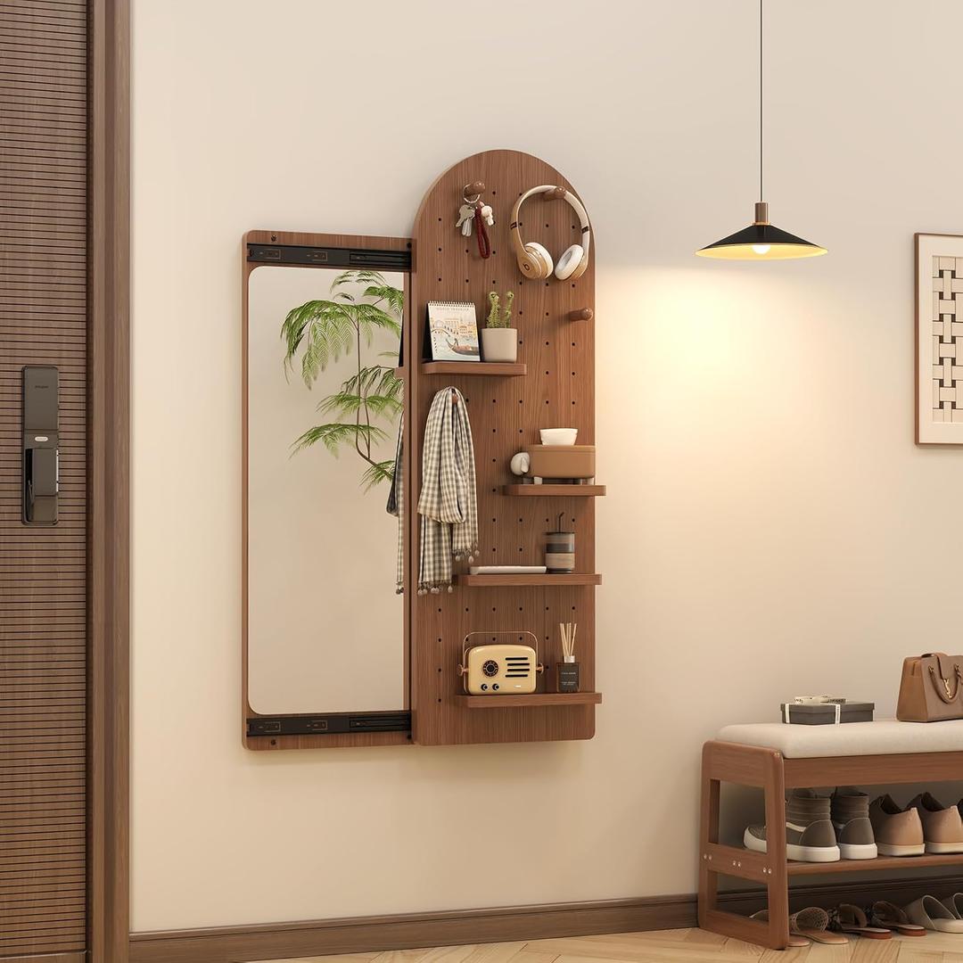 WoodsWhisper Wooden Pegboard Mirror,Full Length Mirror with Shelf and Hooks,Wall Mirror with Storage and Hooks,Hanging Mirror Pegboard, Multifunctional Design Panel,Living Room,Entranceway