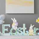 Easter Tabletop Decoration Figurine Centerpiece - Spring Bunny Decor Hand Painted Green Easter Word with 2 Rabbit Easter Decorations for The Home Farmhouse Party 11.75*2.75*5.75 in Newman House Studio