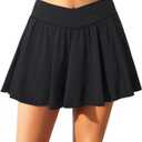 Zmart High Waisted Swim Skirt - Women V Cross Bathing Suit Pleated Skorts Bottom with Boxer Liner & Pockets (Medium, Black)