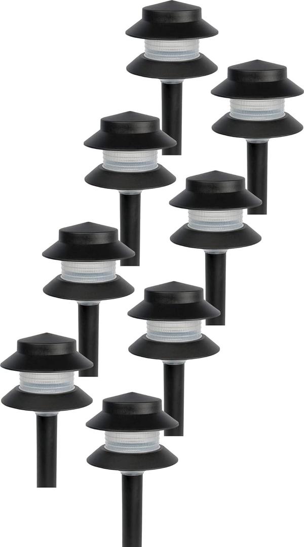 GreenLighting Paradise Low Voltage Landscape Pathway Lights - 2 Tier Outdoor Garden Lights - Easy, Simple Installation - Walkway, Lawn, Landscape Lighting (Black, 8 Pack)