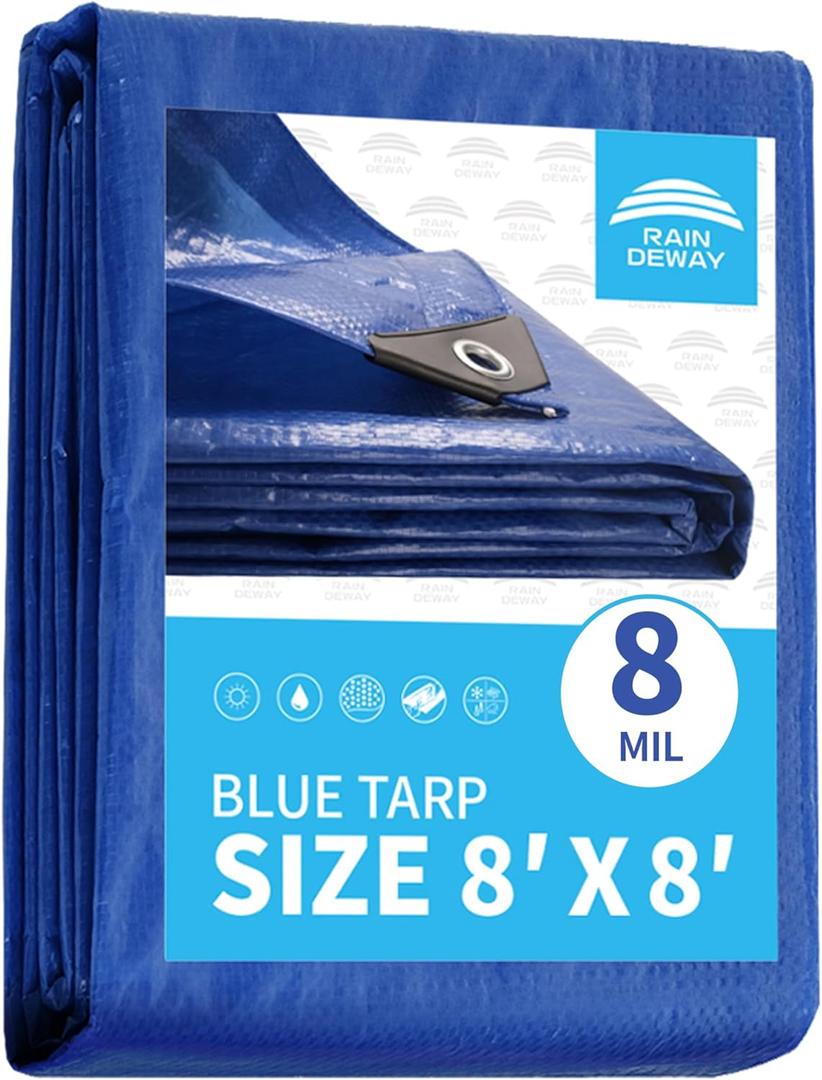 Blue Tarp 8x8 Feet 8 Mil, UV Resistant, Durable, Multipurpose Waterproof Poly Tarp Cover with Metal Grommets and Reinforced Edges by RAINDEWAY