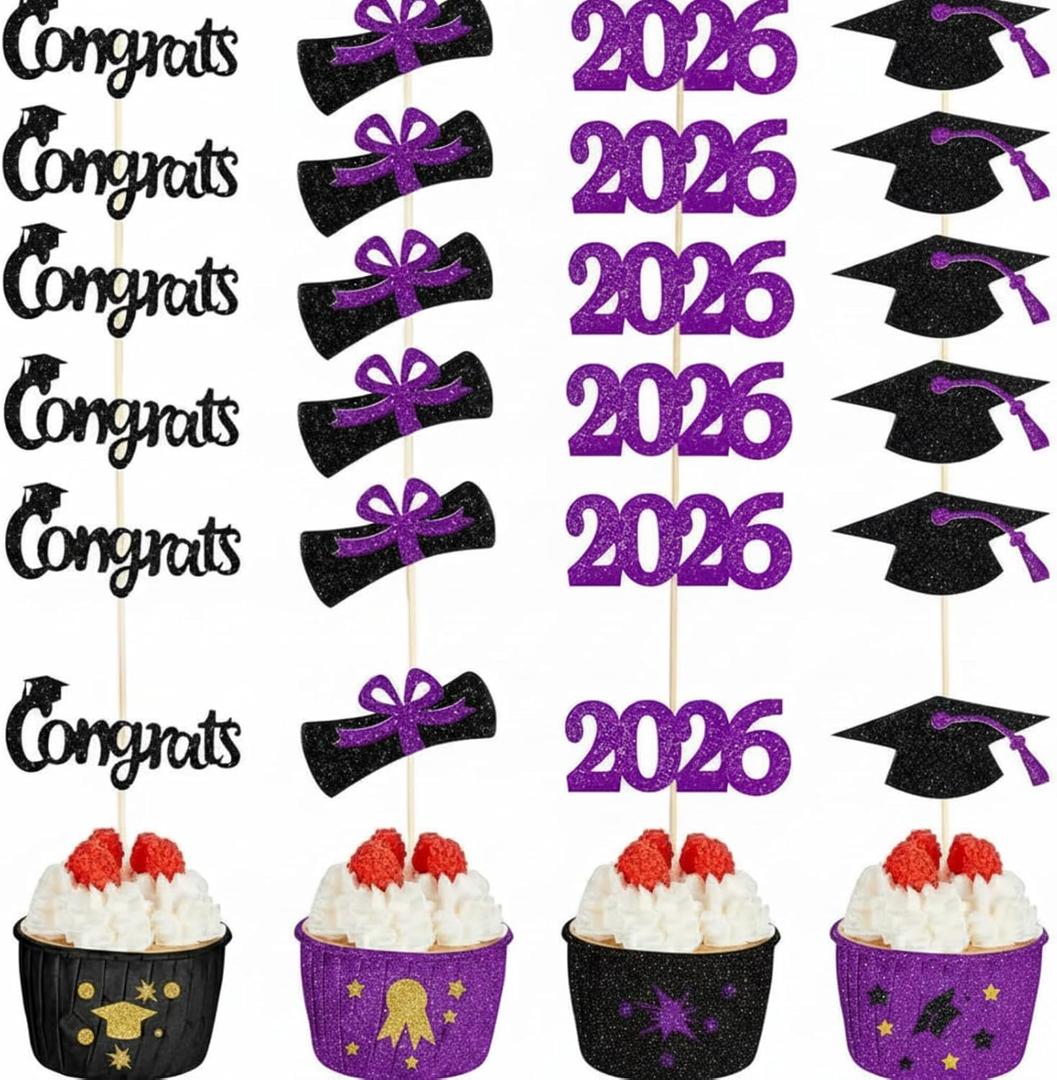 Chinco 100 Pack 2026 Graduation Cupcake Toppers Glitter Grad Cap Food Appetizer Picks Cake Caps Party Decorations Diploma Cupcake Picks for Cake Class of 2026 Graduation Party(Black and Purple)