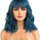 WTHCOS Mixed Blue Wigs for Women Short Blue Curly Wavy Wig With Bangs for Girls Heat Resistant Synthetic Cosplay Wigs for Daily Use With Wig Cap