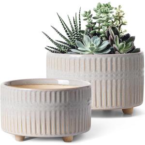 LE TAUCI Succulent Pots, 6.5+8 Inch Ceramic Indoor Plant Pot with Drainage Hole, Shallow Round Succulent Planters, Set of 2, Reactive Glaze Star White, 8x8x5 Inches