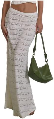 Milumia Women's Hollow Out Knitted Maxi Skirt Boho Low Waist Sheer Summer Long Skirts Size L
