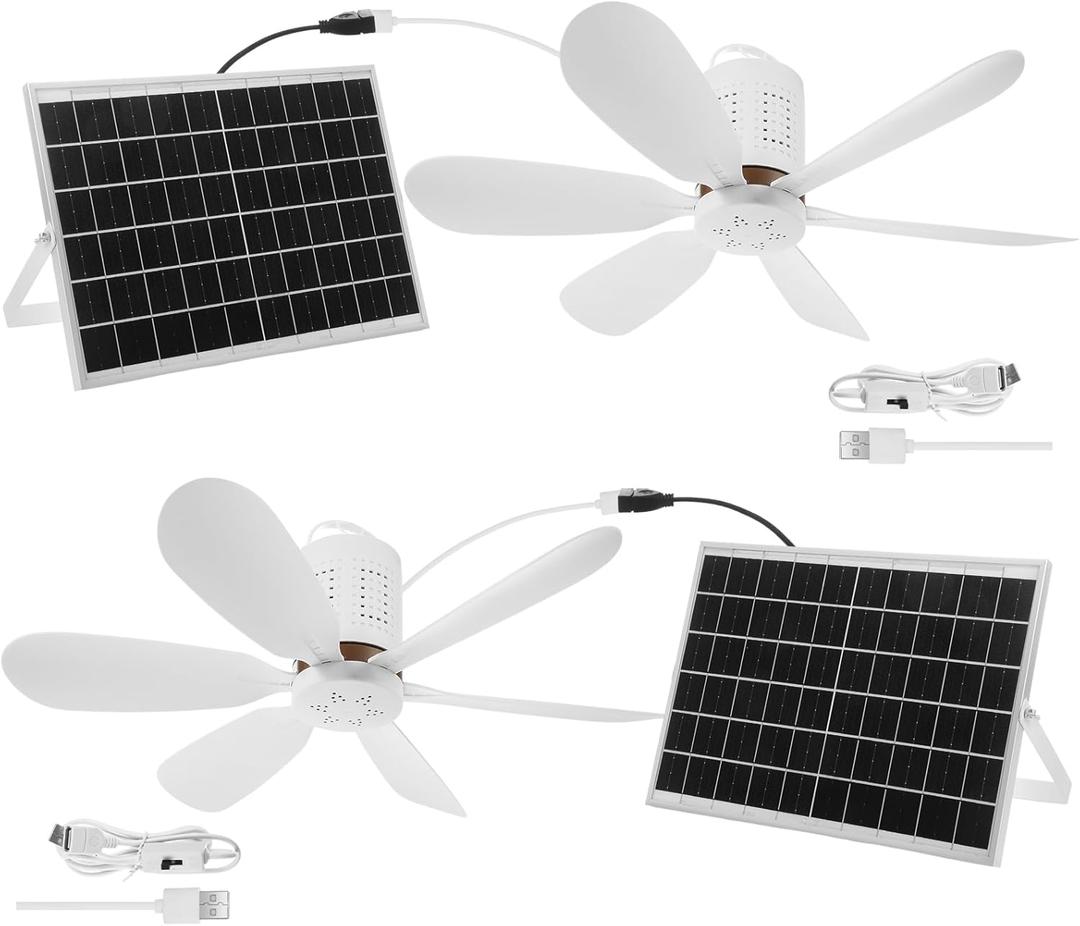 2 Set Portable Solar Ceiling Fan Kit 15w Monocrystalline Solar Panel USB Hanging Ceiling Fan with On/Off Button for Patio Camping Tent Chicken Coop Greenhouse Shed