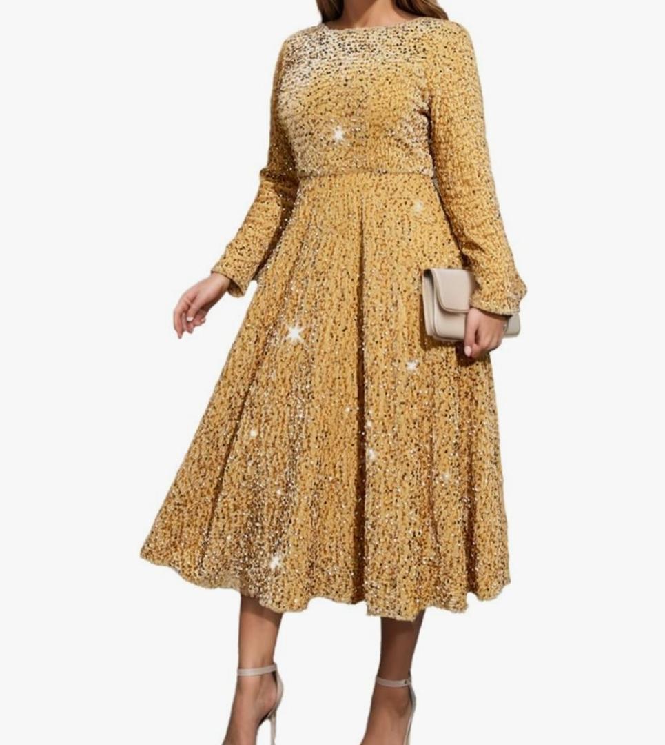 ONTINVA Womens Glitter Sequined Dress Crew Neck Long Sleeve Ruffle Hem Swing Club Cocktail Party Maxi Dresses XL