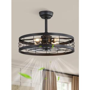 LEDIARY 22 inch Black Caged Ceiling Fan with Light, Bladeless Industrial Ceiling Fan with Remote, Farmhouse Fan Lights Ceiling Fixtures for Kitchen, Bedroom, Outdoor6 Speed, Timing-Black