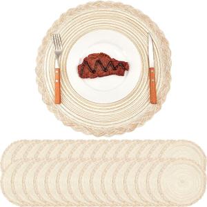 Tioncy Set of 30 Large 15 inch Round Braided Placemats Boho placemats Bulk Washable Fabric Cotton Heat Resistant Round Kitchen Table Mats Circle Nonslip Table Mats (Beige)