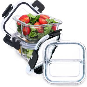 Bariatric Meal Prep Containers, 8 oz Bariatric Portion Control Food Storage Containers with Two 4 oz Compartments (3 Pack), Reusable Glass Snack Containers with BPA Free Airtight Lids (Clear)
