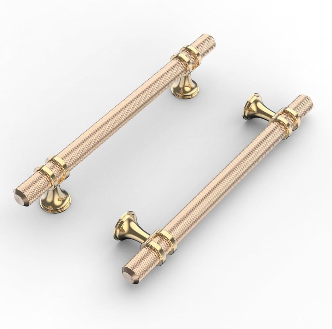 10 Pack 5"(128mm) Gold Cabinet Pulls Knurled Kitchen Cabinet Handles Drawer Pulls Brushed Brass Cupboard Hardware for Cabinets