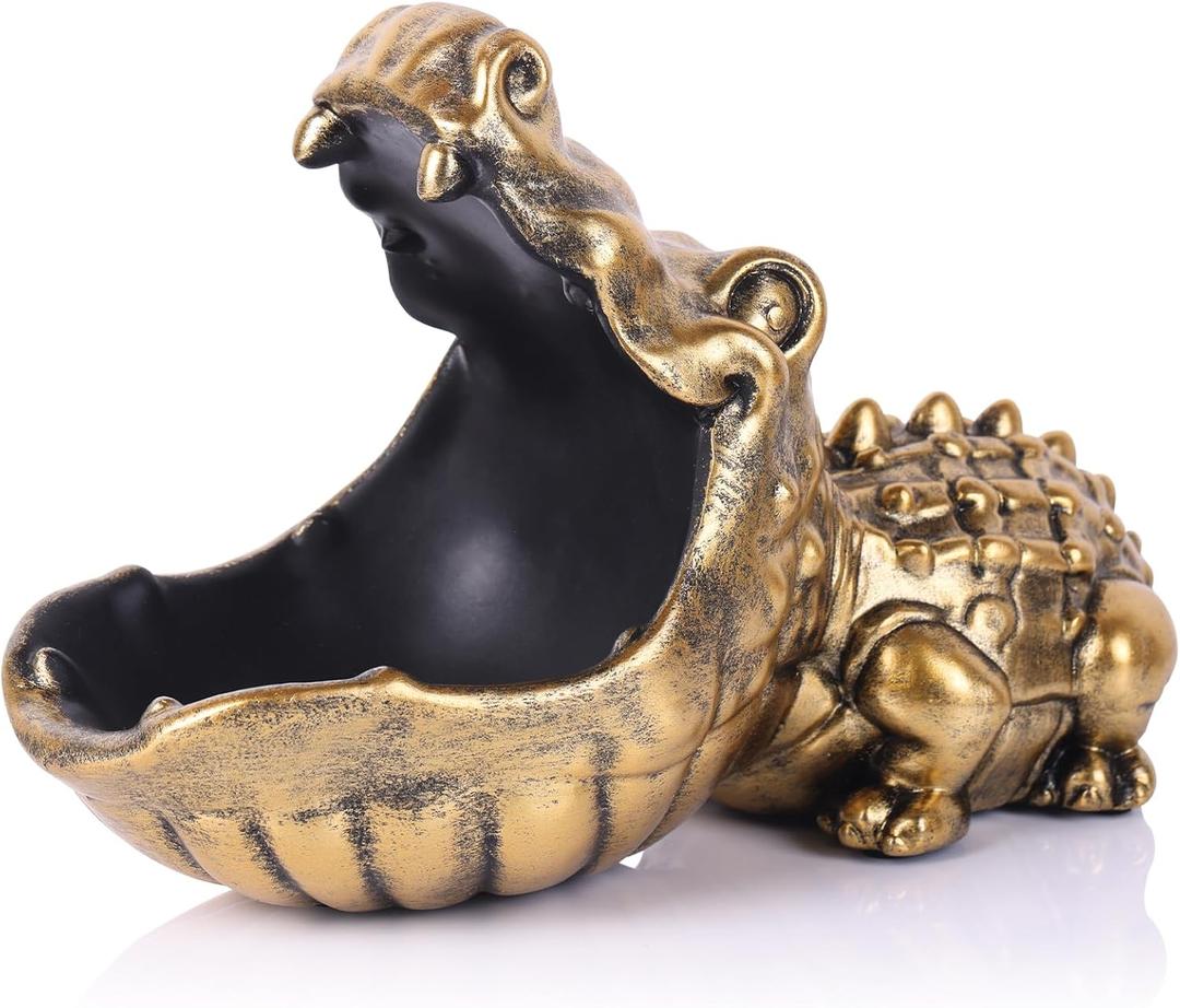 Alligator Statue Key Bowl, Fun Animal Statue Candy Dish for Entryway Decorative Bowl, Office Candy Dish, Big Mouth Sculpture Home Living Room Trinket Container Storage Box (Gold)