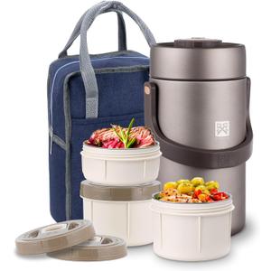 GOLDEN KEY 87oz Thermo for Hot Food Adult, Stainless Vacuum-Insulated Wide Mouth Large Food Thermo with 3 Stackable Storage Container Inserts and Lunch Bag,Hot & Cold Soup Insulated Food Jars