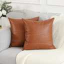 MANDIOO Set of 2 Boho Striped Faux Leather Throw Pillow Covers 16x16 Inch Modern Luxury Square Decorative Cushion Cases for Living Room Bedroom Sofa Couch Brown