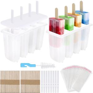 8 Cavity Popsicle Molds, 100 Popsicle Single-use Sticks, 8 Reusable Sticks, 100 Popsicle Bags + Cleaning Brush, BPA-Free, Easy Release Popsicle Maker Molds