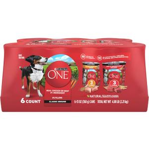 Purina ONE Classic Ground Chicken and Brown Rice, and Beef and Brown Rice Entrees Wet Dog Food Variety Pack - (Pack of 6) 13 oz. Cans