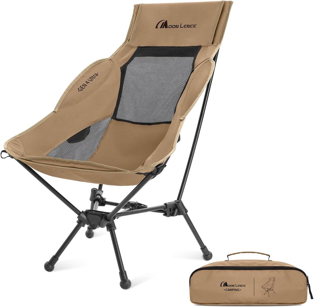 MOON LENCE High Back Folding Camping Chair, 330lbs Portable Compact Chair with Wide Seat & Ergonomic Back Support (Khaki)