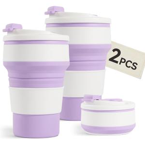 2Pcs Collapsible Cup for Traveling, Collapsible Silicone Travel Cup for Hot and 2 Drinks, Leak Proof Silicone Folding Travel Coffee Mug for Camping & Hiking, BPA Free 12oz Purple