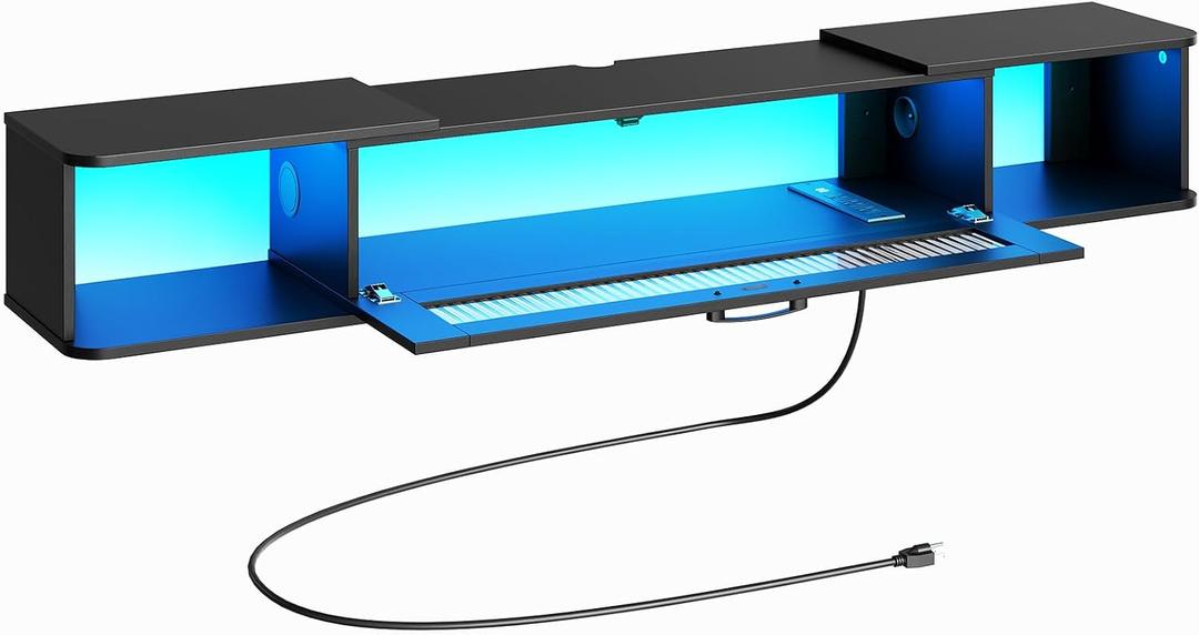 HOOBRO Floating TV Stand with LED Light Power Outlet for TVs up to 65, Wall Mounted TV Shelf, Modern Media Console Entertainment Center Under TV, for Living Room Bedroom, Black BK34UDDS01G1, 55.1 Inch