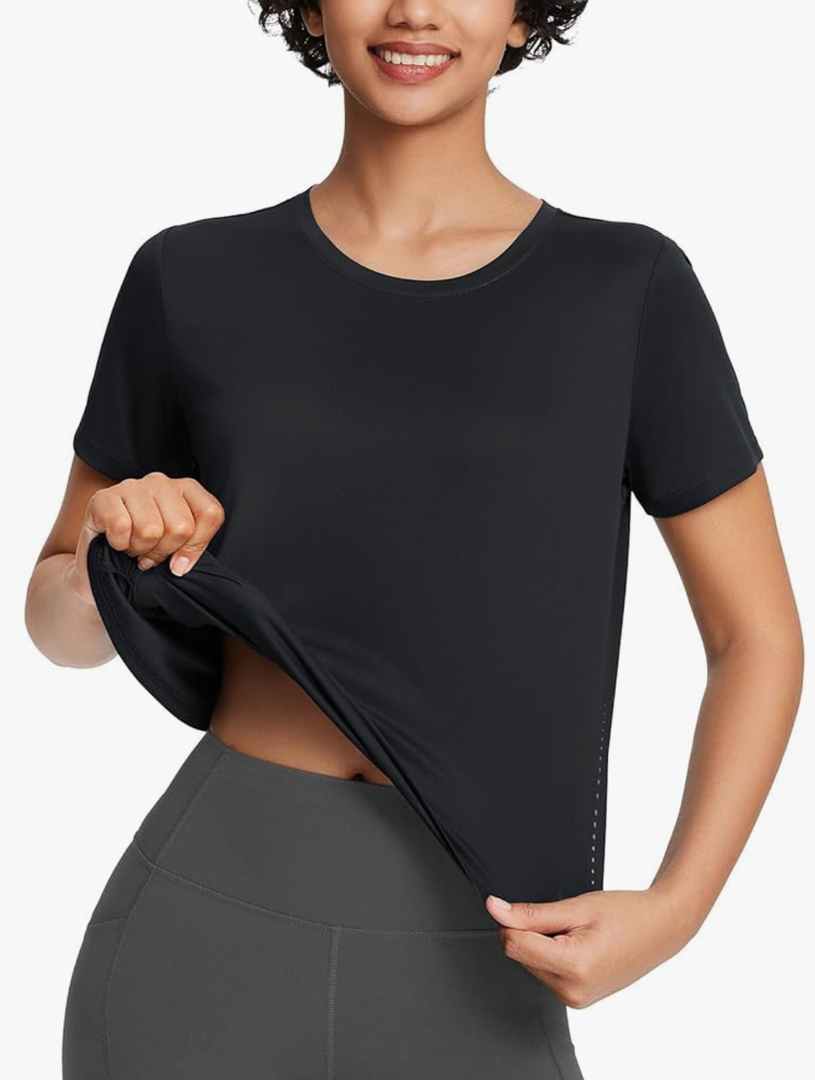 baleaf Women's Workout Tops Athletic Shirts Cropped Short Sleeve Split Back Running Gym Quick Dry Sun Protection UPF 50+, M