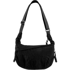 Women's Nylon Hobo Crescent Crossbody Bag, Multi-Pocket Sling Bag, Half Moon Shoulder Purse (Black)