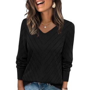 WIHOLL Sweaters for Women V Neck Casual Knit Long Sleeve Tops Lightweight Pullover Clothes Fall Fashion Outfits 2026 (X-Large, Black)