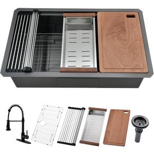 27 Inch Black Undermount Kitchen Sink with Faucet Combo - 27x19 Black Stainless Steel Workstation Sinks Single Bowl Kitchen Sink Undermount with Accessories