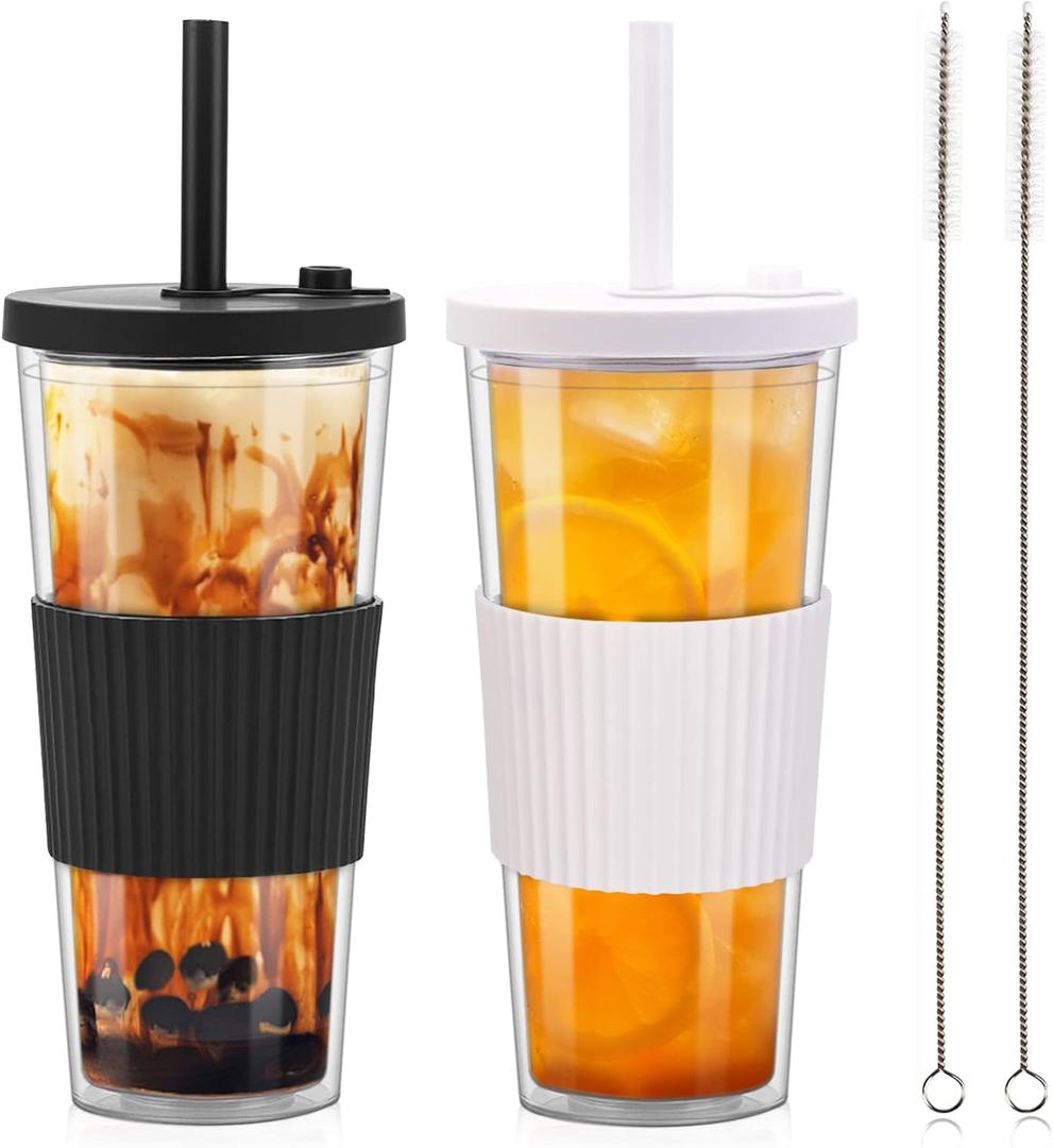 2 Pack Reusable Boba Tea Cups, 24oz Iced Coffee Cup with Straw and Lid, Leakproof Clear Plastic Cups Tumbler, Double Wall Insulated Smoothie Tumbler, Wide Straw for Bubble Tea, Black and White