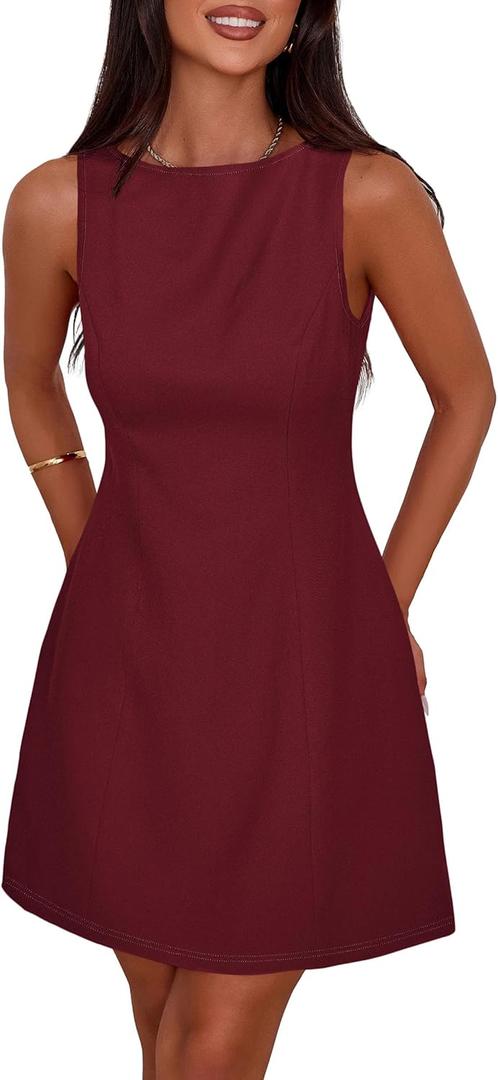 PRETTYGARDEN Womens Formal Short Dresses 2026 Summer Sleeveless Boat Neck A Line Elegant Mini Cocktail Party Dress (Medium, Burgundy)