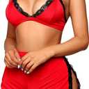 RSLOVE Sexy Pajamas for Women Soft Lingerie Set Lace Trim Sleepwear 2 piece Pjs Shorts Set (Large, Red)