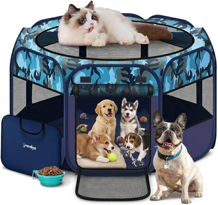 48" Large Pop Up Dog Playpen & Whelping Box for Dogs, Portable Foldable Puppy Playpen with Waterproof Bottom, Pet Tent Exercise Pen for Camping/Indoor, Includes Bowl & Carry Bag, Medium-48 x 48 x 24"