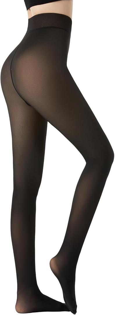 Fleece Lined Tights for Women, Thermal Warm Black Pantyhose Leggings, Fake Translucent Thick Tights for Winter (Medium Plus)