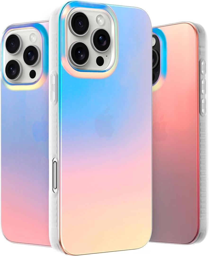 LONLI Hue Case for iPhone 16 Pro - [360 Shock-Absorbent Bumper] - [Cute and Unique Phone Cover for Girls and Women] - Fluorescent Holographic Iridescent (iPhone 16 Pro, Iridescent)