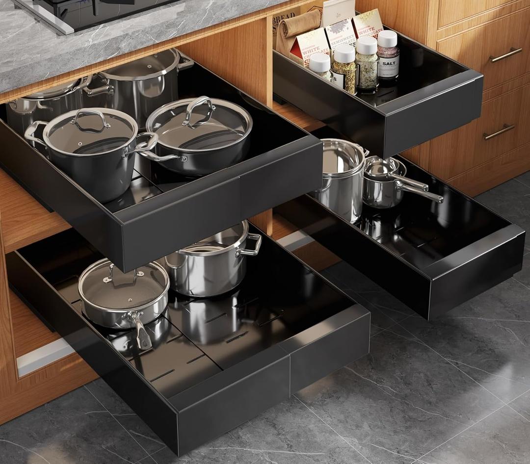 Seinloes 4 Pack Expandable Pull Out Cabinet Organizer 21"Deep With Raising Pad for Framed Cabinets,Upgrade 3 Slide Rails Slide Out Drawers,No Drill Roll Out Shelves,Adjustable Width 9"-14" Black