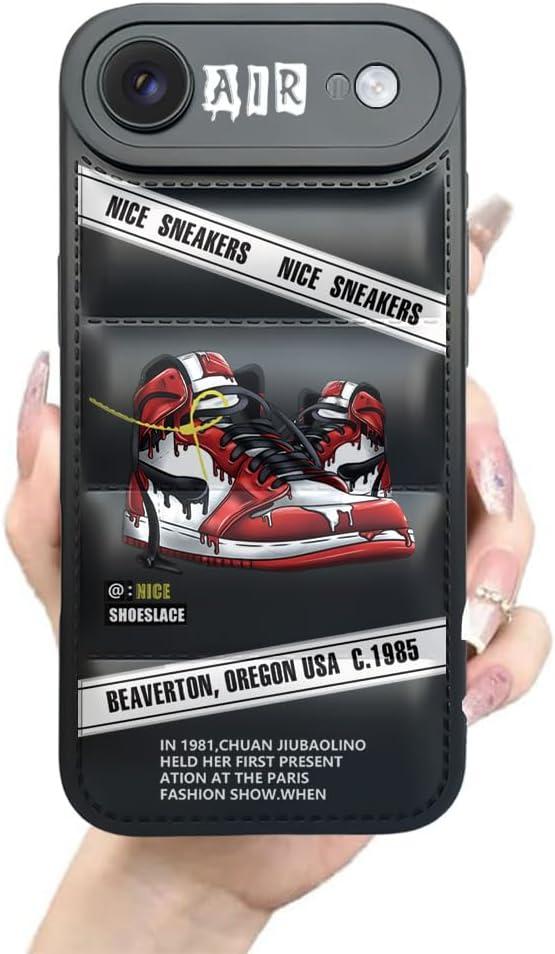 Ins Off Sports Shoes Brand Puffer Phone Case Compatible with Cool iPhone 17 Air Case 6.5 inch, Nice Sneakers Aesthetic Graphics White Label Soft Silicone Rubber Shockproof Drop Protection Cover (Black-3)