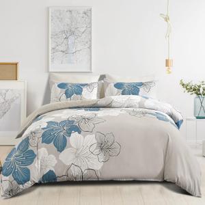 DJY 3 Pieces Duvet Cover Set King Blue Floral Pattern Comforter Cover Elegant Bohemian Floral Duvet Cover with 2 Pillow Cases Soft Lightweight Bedding Duvet Cover Set for Adults (Blue, 90"x 104")